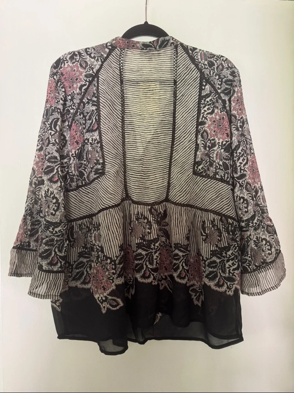 Lucky Brand Striped and Floral Open Front Cardigan in Black, Cream & Pink - Picture 3 of 3